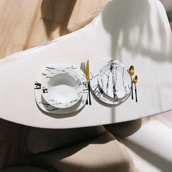 Service de Table - Haute Qualité - 24 PCS - Porcelaine - Design Élégant - Blanc et Noir