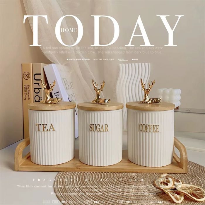 Boîte de rangement en céramique de porcelaine avec couvercle en bambou et renne doré