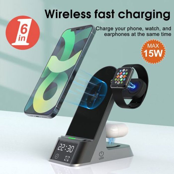 chargeur sans fil 6 en 1 pour tél, écouteurs et montre, horloge numérique + réveil, USB et type-c