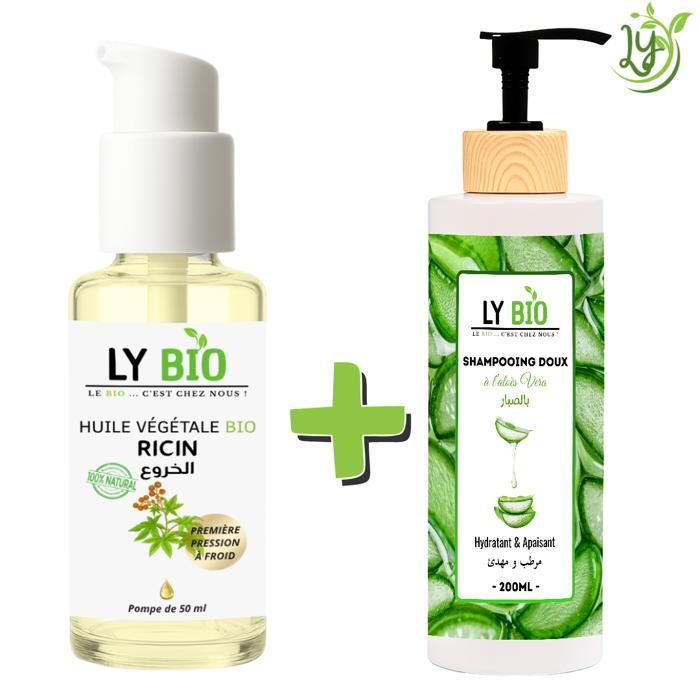LYBIO PACK HUILE RICIN 50ml - POMPE + SHAMPOOING ALOE VERA 200ML - HYDRATANT & APAISANT