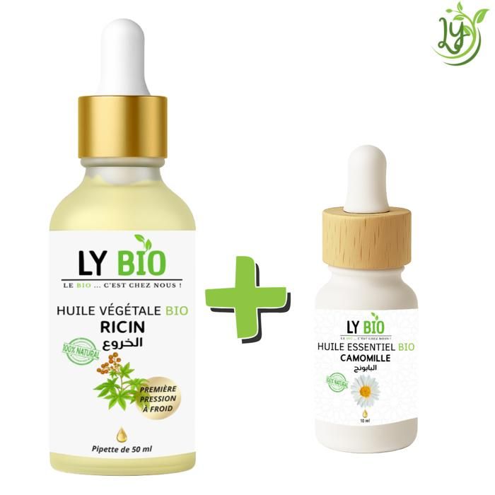 Pack de soins - LYBIO - HUILE RICIN 50ml - PIPETTE - HUILE ESSENTIEL CAMOMILLE 10ML - Nourrissant