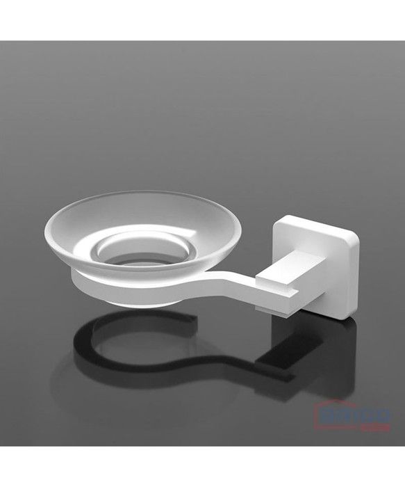 PORTE-SAVON ALUMINIUM AVEC ASSIETTE EN VERRE- BLANC MAT