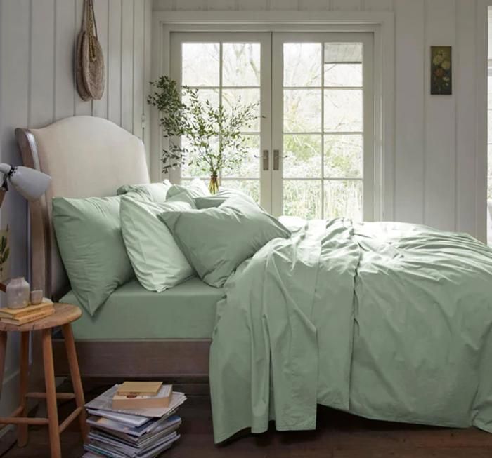 Parure de housse - HALE - Vert sauge - 100% coton égyptien - Taille king - Lavable