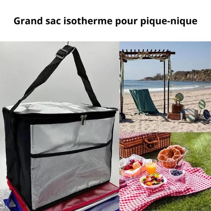 Sac isotherme - GENERIC - Grand modèle - Argenté et noir - Double couche isolante - Pratique et imperméable