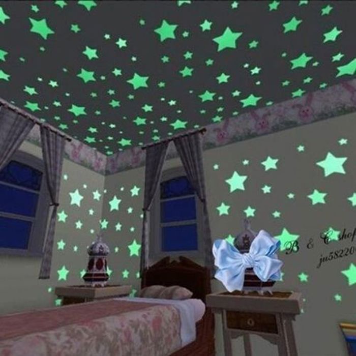 Pack Etoiles Lumineux Fluorescentes Autocollant Fluo Plastique pour Décoration Fête Noël Mariage Chambre Déco Stickers Mural
