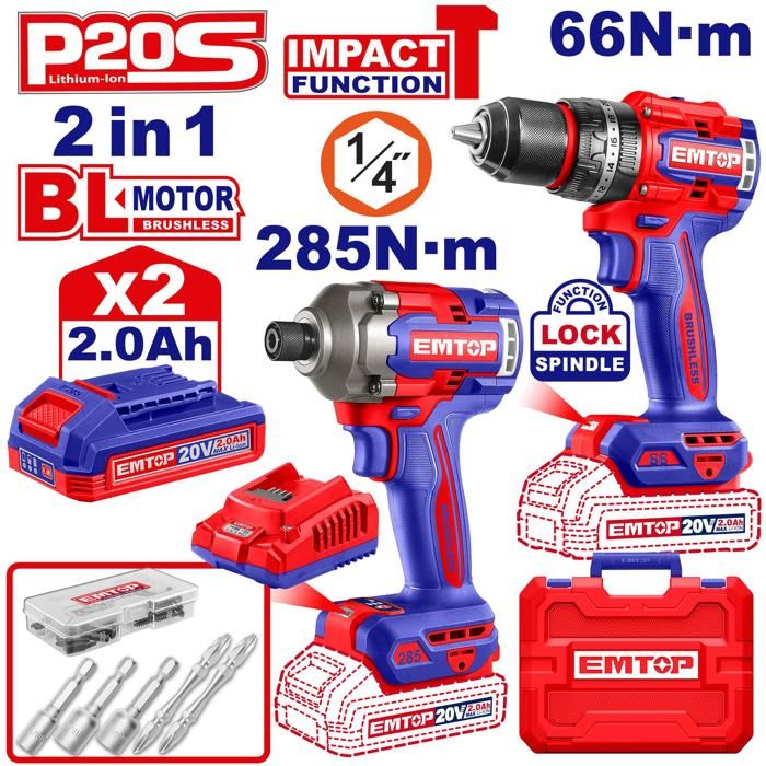 Pack Perceuse à percussion 66Nm + Visseuse à choc 285Nm + 2 Batteries 2.0Ah