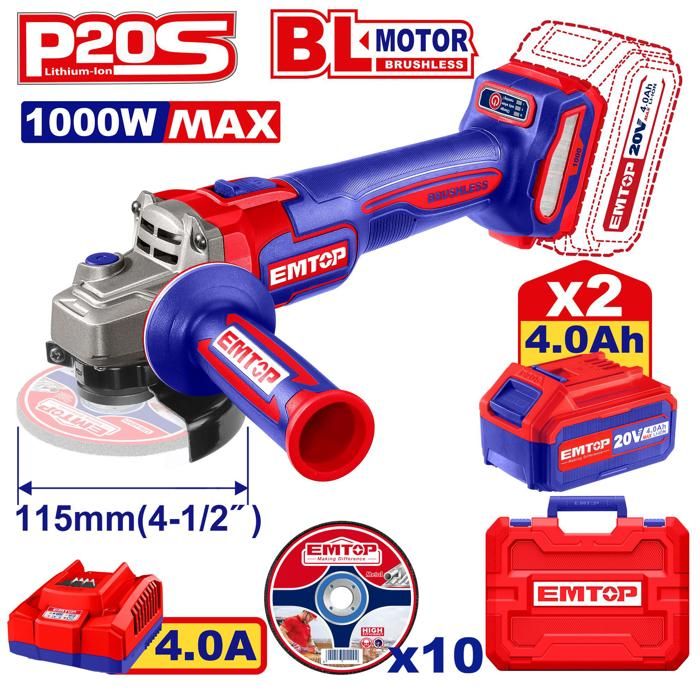 Meuleuse 115mm sans fil 20V + 2 Batteries 4.0Ah