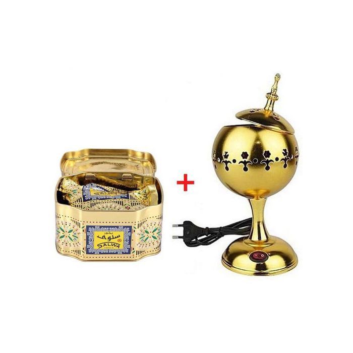 Grande Mbikhera électrique avec interrupteur - Pack Encensoir en métal brillant Doré + Encens/ Bokhour Salwa 100 gr