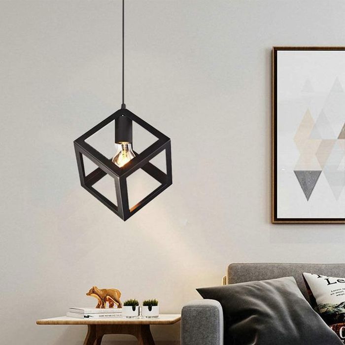 Suspension Luminaire Moderne en Métal, Géométrique, Design Cube Couleur Noire + Lampe LED OFFERTE