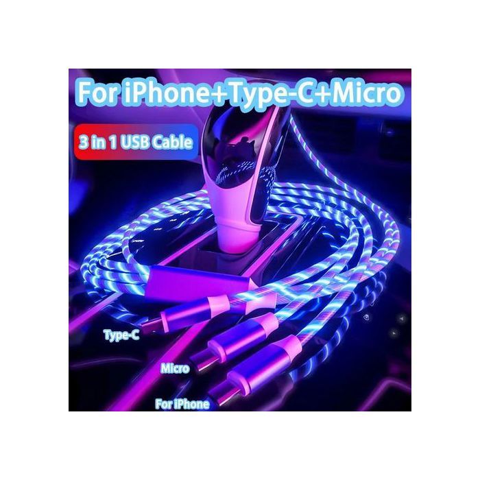 Câble Streamer Lumineux 3 in 1 , Charge Rapide Pour iPhone Samsung Xiaomi Huwaei Type C Apple 1m