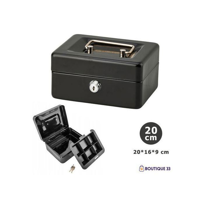 Caisse à Monnaie Billet Pièce avec Plateau Compartimenté - Noir 20CM