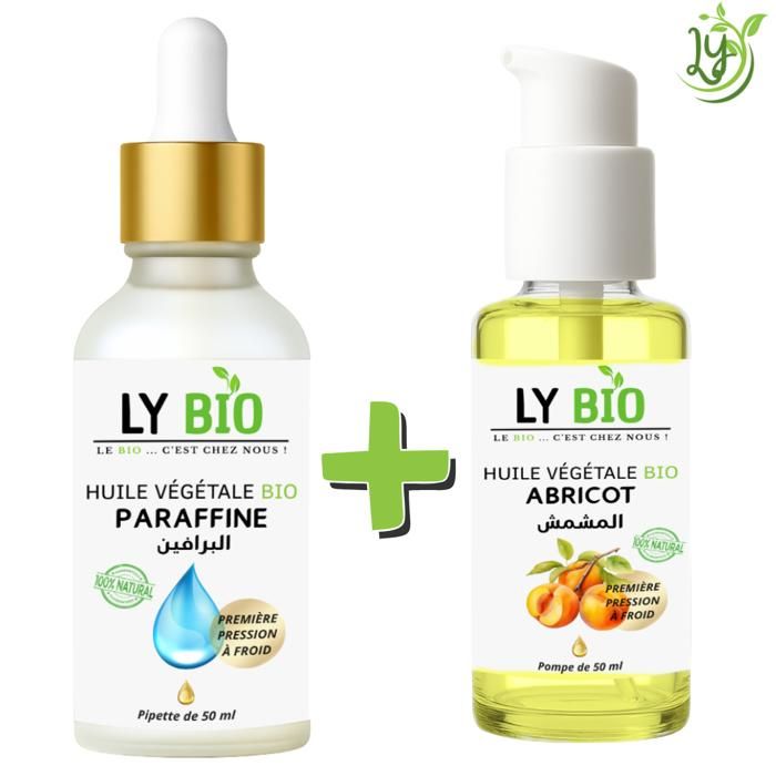Pack de soins - LYBIO - Huile paraffine 50ml - Pipette - Huile abricot 50ml - Pompe