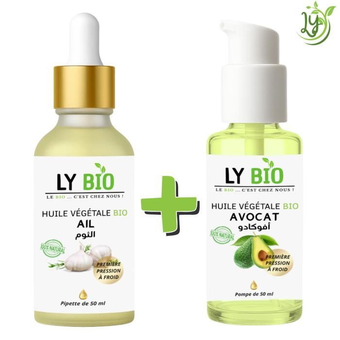 Pack d'huiles - LYBIO - Huile d'ail bio 50ml - Huile d'avocat bio 50ml - Hydratant - Pour tous types de cheveux