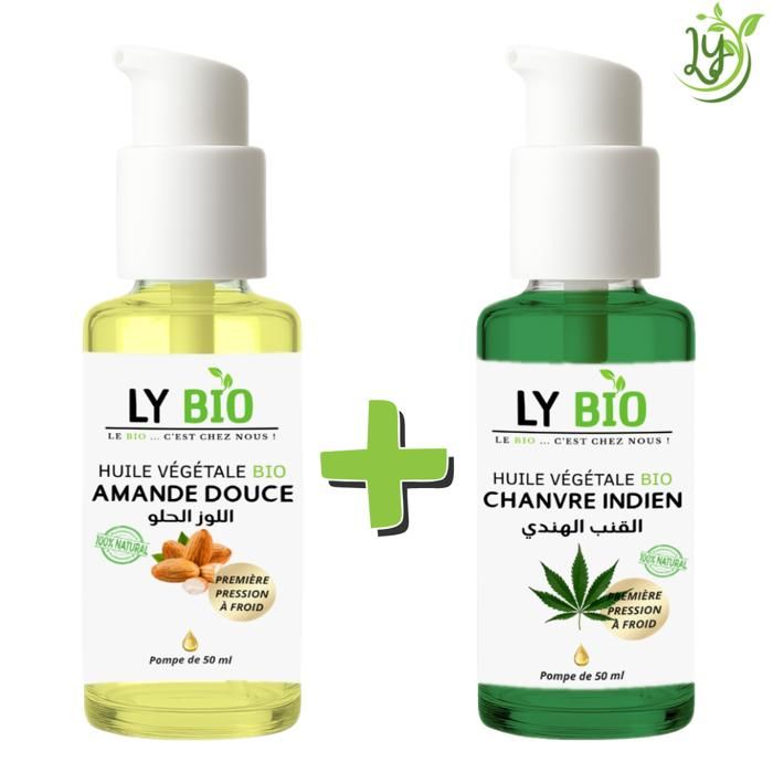 LYBIO PACK HUILE AMANDE DOUCE 50ml - POMPE + HUILE CHANVRE 50ML - POMPE