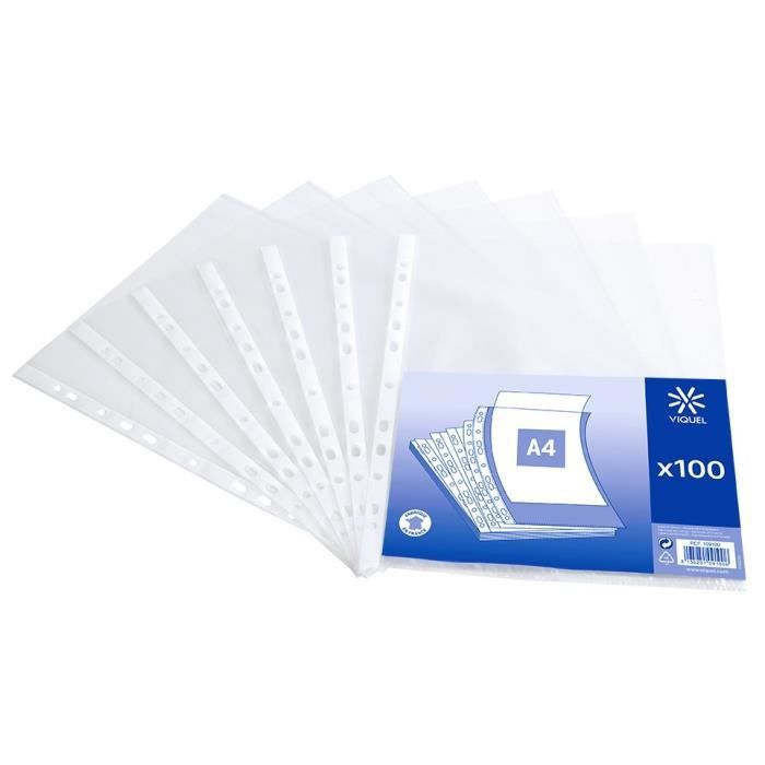 VIQUEL Lot de 100 Pochettes perforées A4 - PVC - Bord renforcé - Finition grainée - Transparent