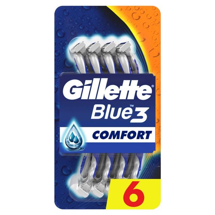 Rasoir jetable - GILLETTE - Blue 3 - 6 unités - 3 lames chromées - Manche antidérapant - Lubrastrip