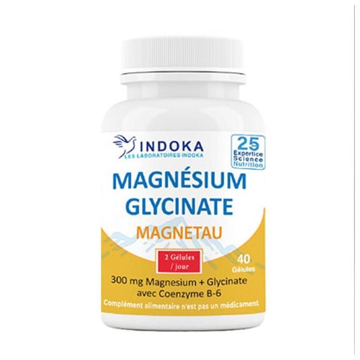 INDOKA Magnésium Glycinate Magnetau 40 Gélules 300 mg (Magnésium + Glycinate avec Coenzyme B-6)
