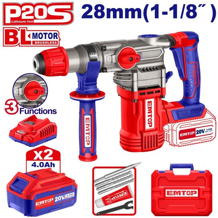 Marteau perforateur 28mm sans fil 20V + 2 Batteries 4.0Ah