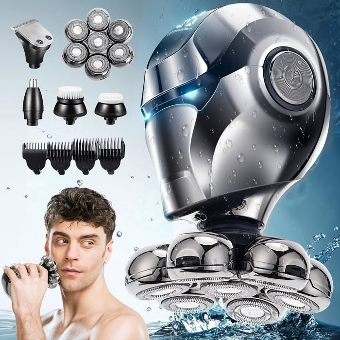 Rasoir électrique 7 lames pour homme – Flottant, rechargeable USB, barbe et tête chauve