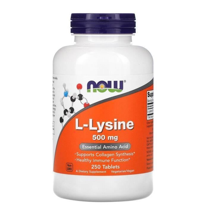 NOW FOODS L-Lysine 500mg 250 comprimés végétaliens, Favorise la synthèse du collagène