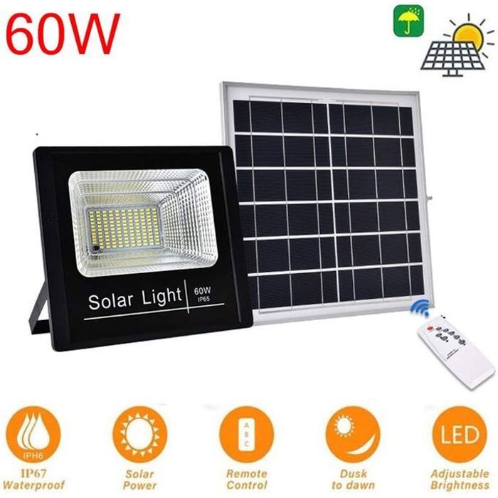 Projecteur Energie Solaire 60W avec panneau solaire et télécommande