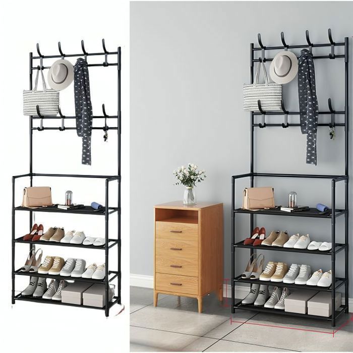 Porte-manteau en fer 4 niveaux avec étagère à chaussures – Noir 172×57×62 cm