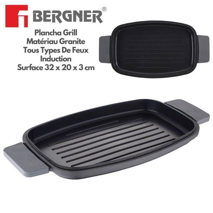 Bergner Plancha Grill Lisse Avec Grande Surface De Cuisson 32x20 cm, Aluminium Forgé, Surface Rayée, Tous Feux, INDUTION