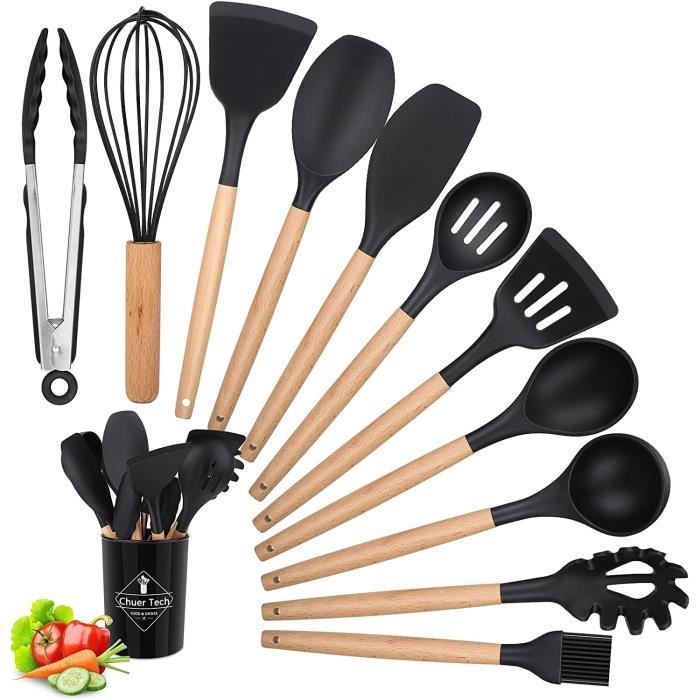 Ustensiles de Cuisine Silicone Bois, 12 PCS Accessoire Cuisine Set sans BPA, Antiadhésive Anti-Rayures et Résistante à Chaleur,O145