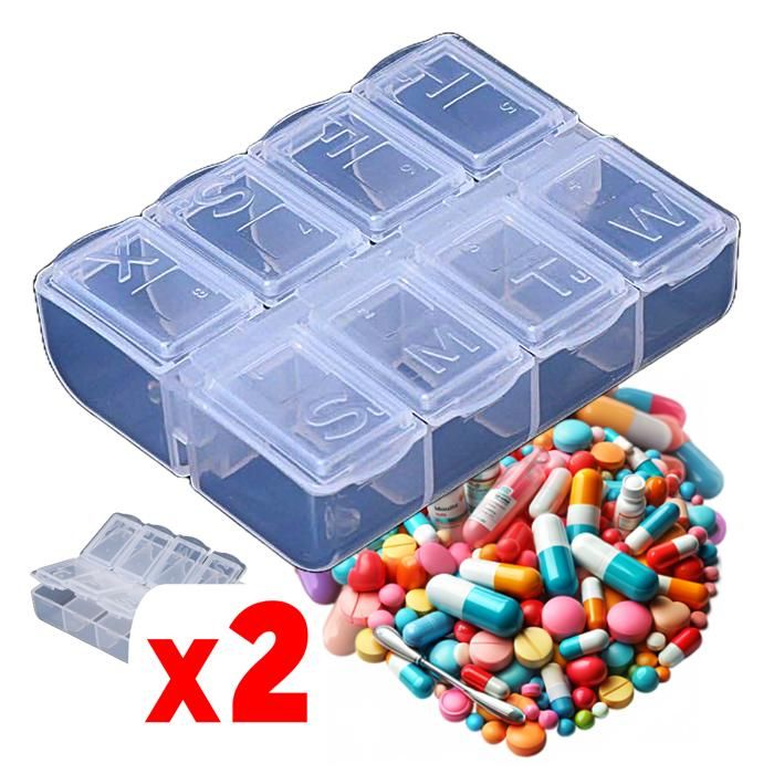 2 Boites à médicaments Semainier 7 jours 8 compartiments Pilulier quotidien Distributeur de Médicaments