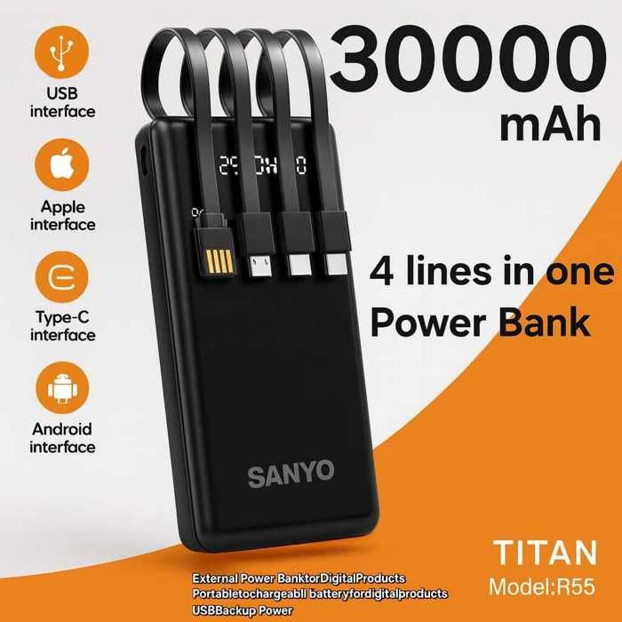power bank 30 000 mAh chargement rapide, câble 4en1 inclus, 2 sorties, LED, compatibles Android et iOS