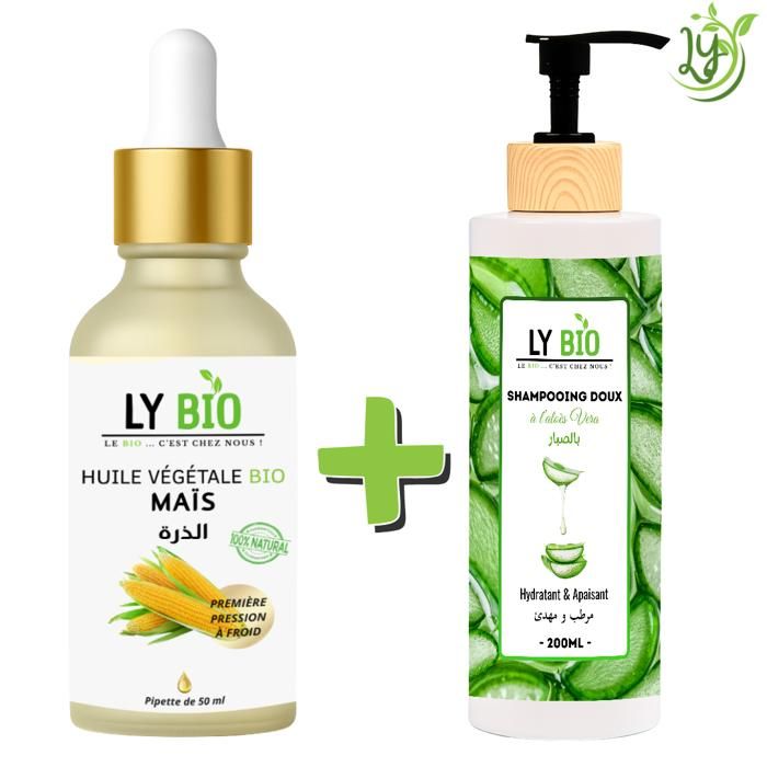LYBIO PACK HUILE MAIS 50ML - PIPETTE + SHAMPOOING ALOE VERA 200ML - HYDRATANT & APAISANT