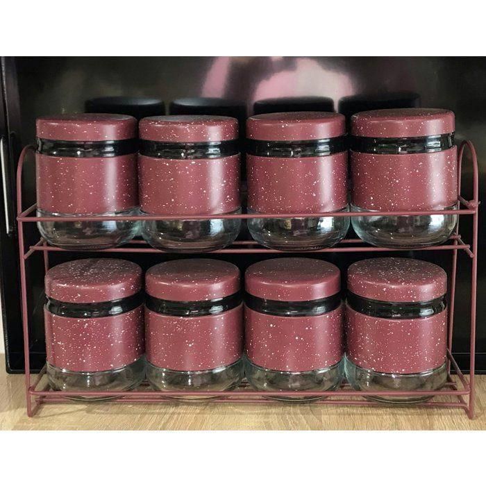 Rangement - AYA HOME - 8 Pots à Épices - Verre 350ml - Structure Métallique - Couleur Rouge