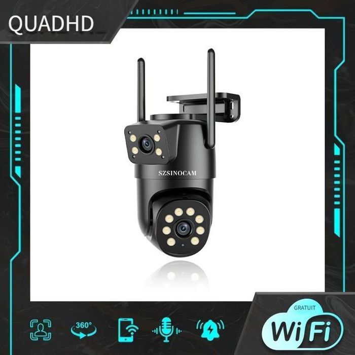 Caméra de Sécurité WiFi à Double Objectif Sszinocam - HD 720P, Suivi Humain AI, Vision Nocturne Couleur, Audio Bidirectionnel, Alert