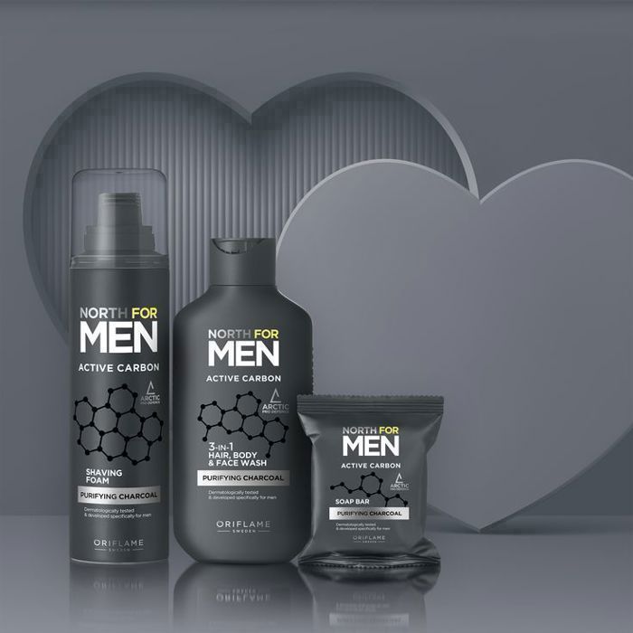 Pack de soins - North For Men - Active Carbon - Mousse à raser 200 ml - Nettoyant 3 en 1 250 ml - Savon 100 g