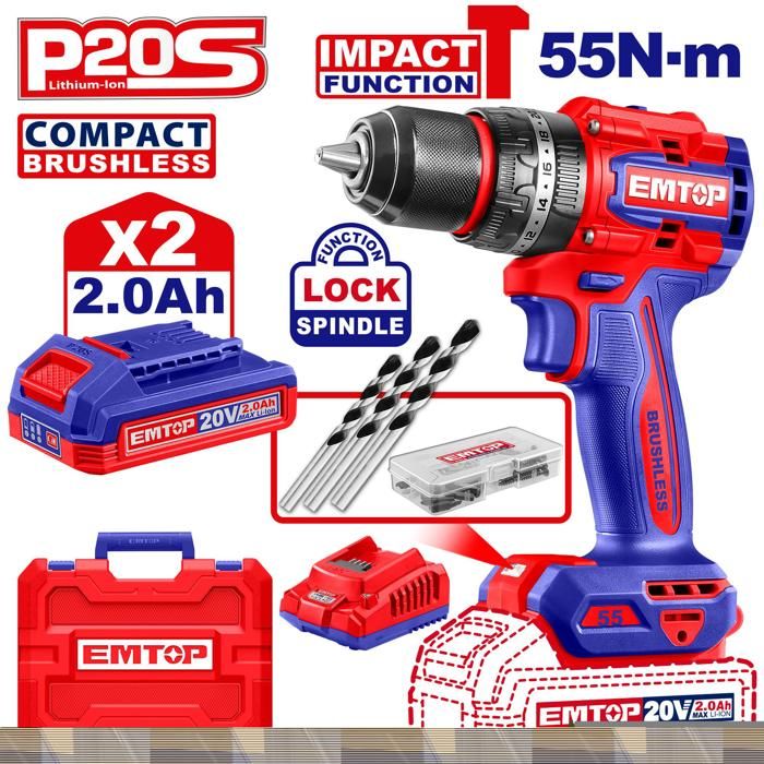 Perceuse/Visseuse à percusion sans fil 20V  55Nm + 2 Batteries 2.0Ah