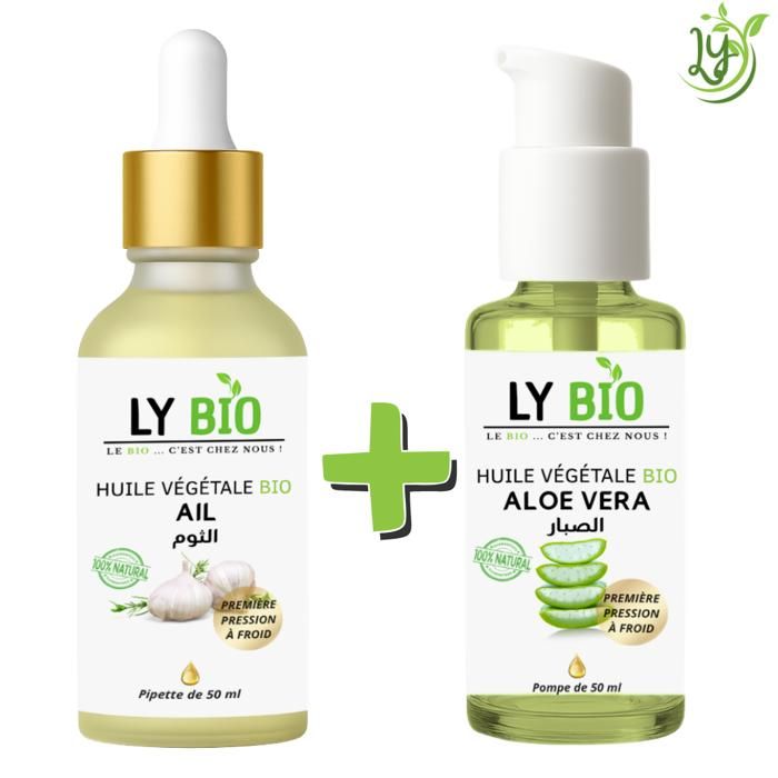 Pack de soins capillaires et corporels - LYBIO - Huile d'ail bio 50ml - Huile d'aloe vera bio 50ml - Hydratant