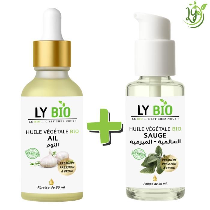 Pack d'huiles essentielles - LYBIO - Huile d'ail bio 50ml - Huile de sauge bio 50ml - Hydratant - Mixte