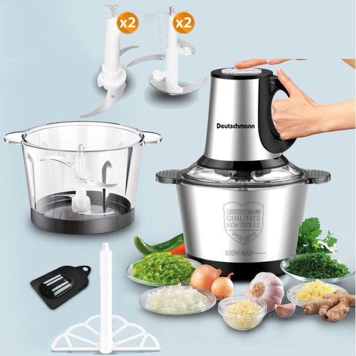 Hachoir Électrique - Deutschmann - 800W - Double Bol Inox et Verre - 3L - Polyvalent
