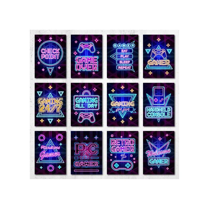 Poster A5 - Gaming & Gamers - Neon Art - 12 Posters - Multicolore - Décoration murale