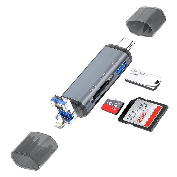 Lecteur de Carte Mémoire OTG 6 en 1 – USB 3.0 Type-C / Lightning / USB 2.0 Type-A