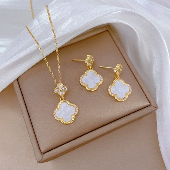 Ensemble de Bijoux - EGO005 - Collier et Boucles d'oreilles - Doré - Acier - Cristal