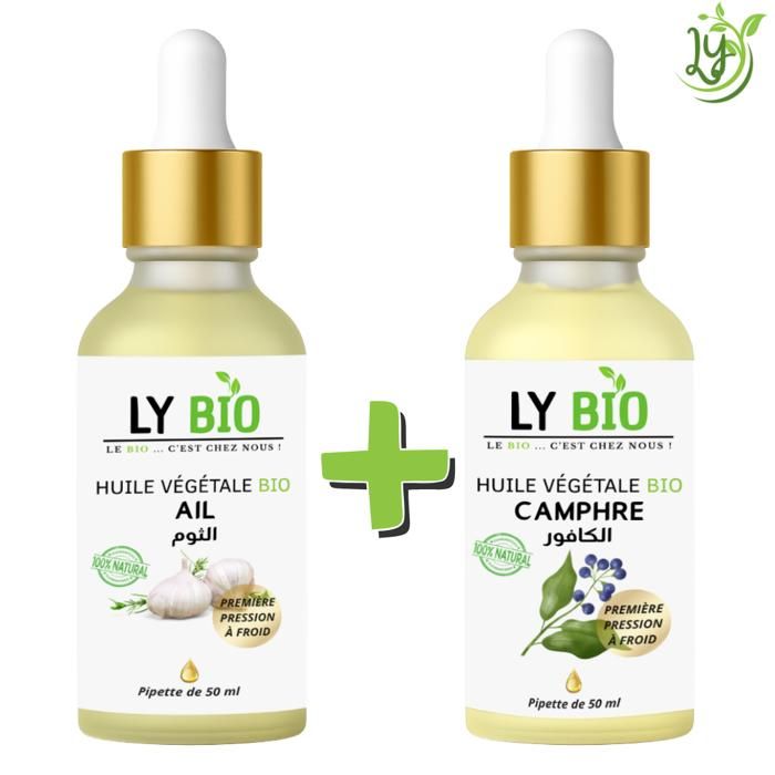 Pack de soins capillaires - LYBIO - Huile d'ail 50ml - Huile de camphrée 50ml - Nourrissant - Anti-pelliculaire
