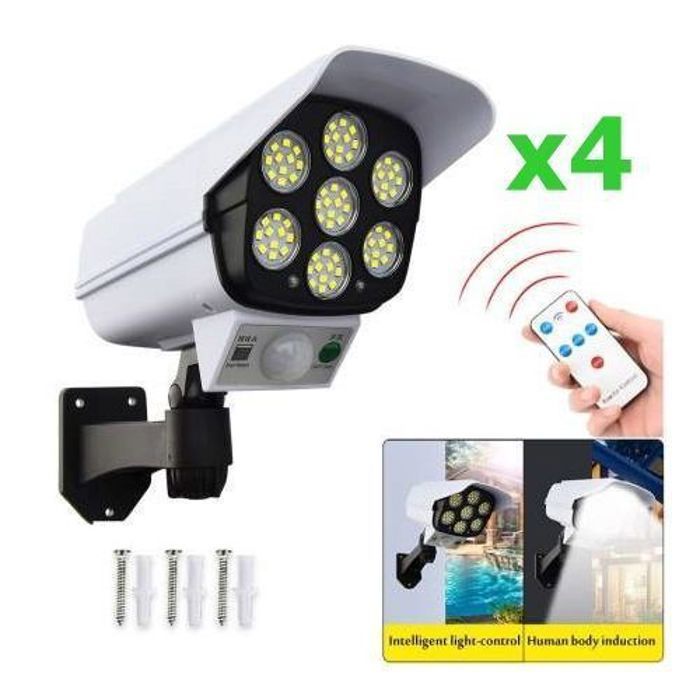 Lampe solaire de sécurité factice - Pack de 4 - Noir - Télécommande - 77 LED - Étanchéité IP65