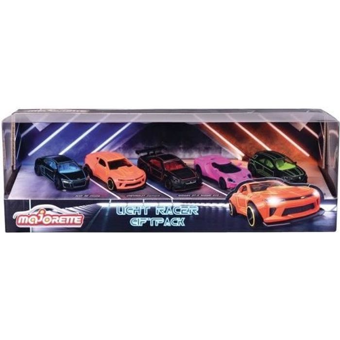 Coffret cadeau - MAJORETTE - Light Racer - 5 voitures miniatures - 1/64ème - Couleurs Néon