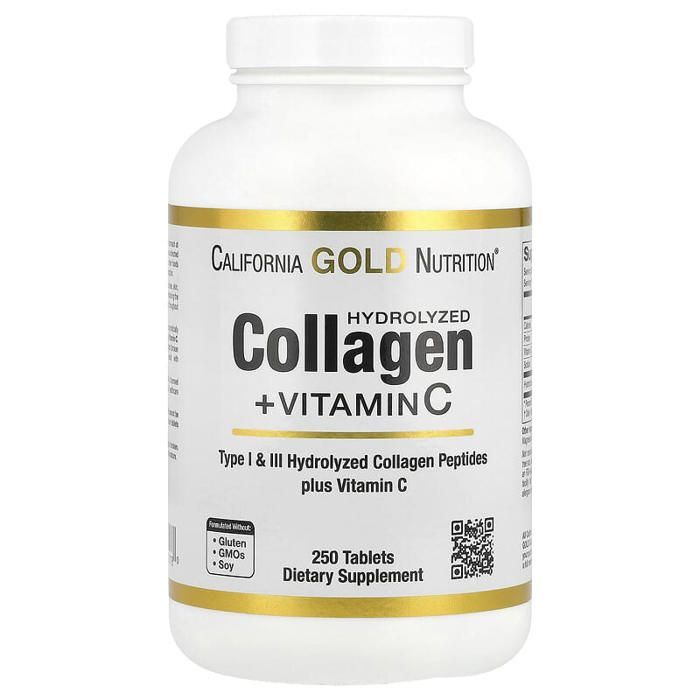 Peptides de collagène hydrolysé + Vitamine C, Type I et III, 250 comprimés