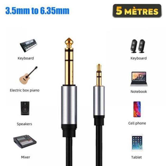 Câble audio JACK stéréo - Non spécifié - 3,5 mm vers 6,35 mm - 5 mètres - Plaqué or - OFC Cuivre
