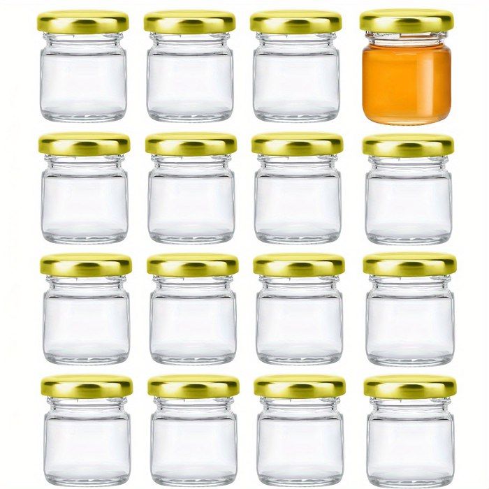 16 Pots en Verre Miniatures avec Couvercles Dorés à Vis, 45ml