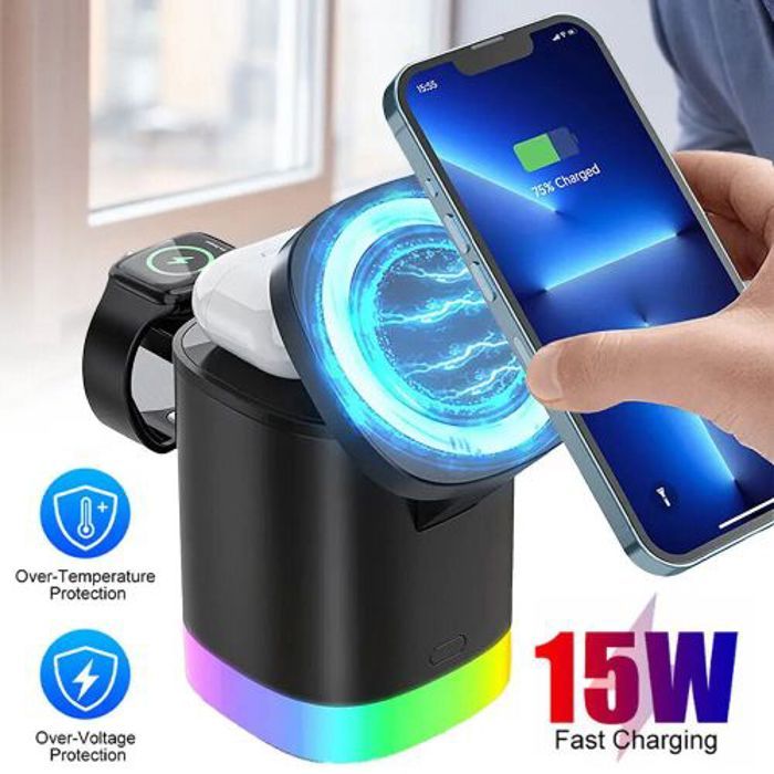 Chargeur sans fil magnétique pour Tél, montre intelligente et écouteurs - Station de charge sans fil rapide 3 en 1 15W