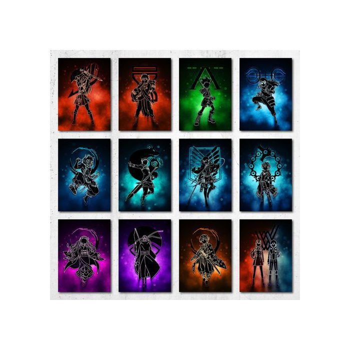 Poster A5 - Décoration Murale - Personnages Anime - Couleurs Négatives - Collection 5 - 12 Posters