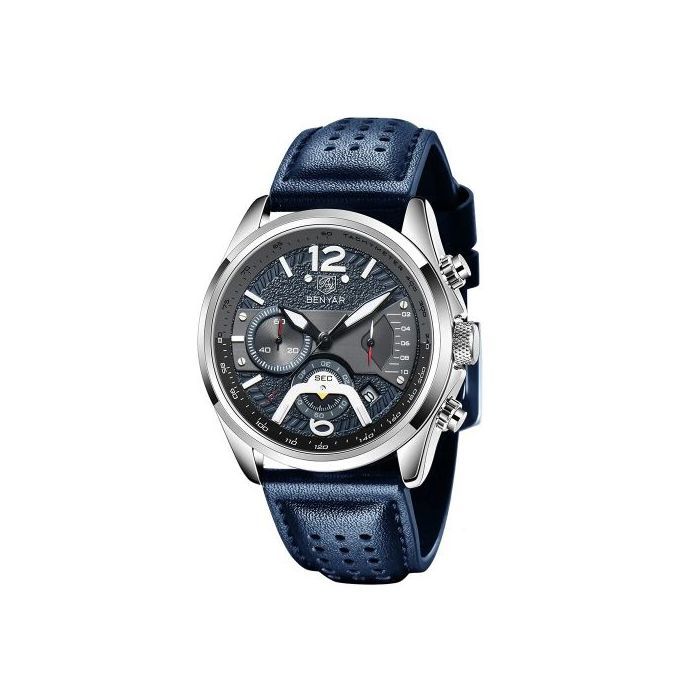 Montre - BENYAR - Chronographe - Cuir Bleu - Étanche - Sportif